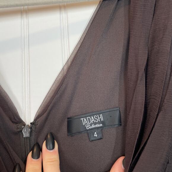 TADASHI SHOJI Brown Ruched Off-Shoulder Silk Sleeveless Midi Bodycon Dress Sze 4 - Picture 6 of 10